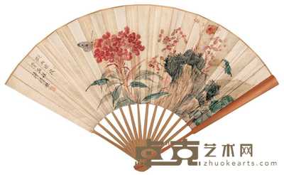 溥靖秋 花蝶图 成扇 20×54.5cm